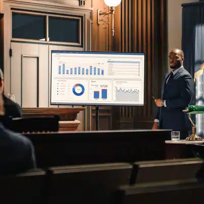 Attorney presenting detailed analytics charts on a large screen for jurors during modern courtroom trial