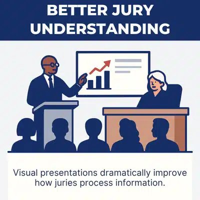 Illustration shows attorney presenting charts in court to enhance jury understanding during a trial