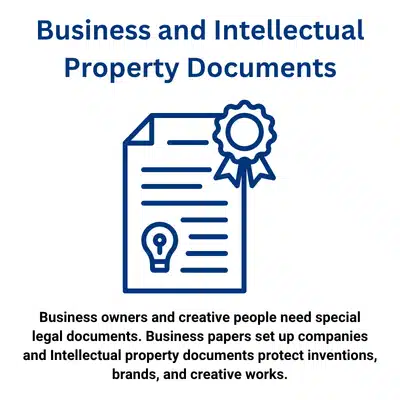 An illustrated legal document with a certificate shows protection of business legal documents