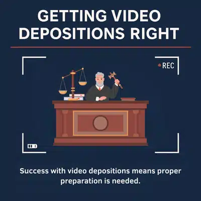 Illustrated judge behind bench with recording icon, emphasizing preparation for successful video depositions