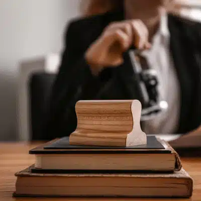 Wooden notary stamp rests on law books as clerk prepares notarized affidavit in office today