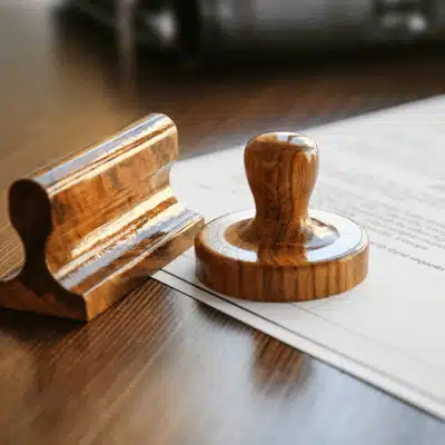 Two wooden stamps beside signed document on table, ready for official verification and filing today