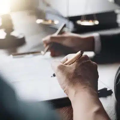 Photo shows attorney signing legal document at desk, representing documentation handled through trial support services