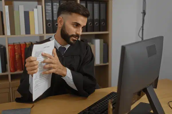 Lawyer reviews documents during remote deposition, Video production for attorneys, seated at desk with monitor