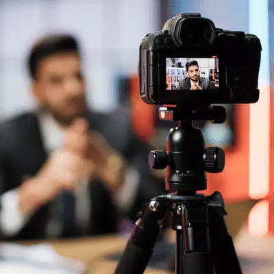 DSLR camera on tripod films suited lawyer, Video production for attorneys, in office interview setup