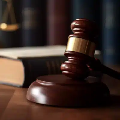 Wooden gavel rests on desk beside law books, linked to Court reporter Houston transcript work