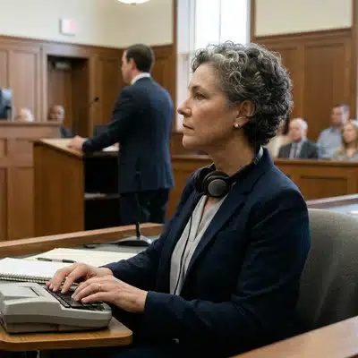 court reporter Houston professional transcribes live courtroom testimony while seated near attorneys during legal proceedings