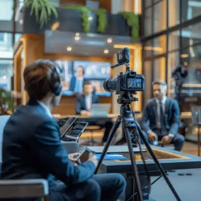 court reporter Houston video deposition image showing camera setup and legal interview recording in office