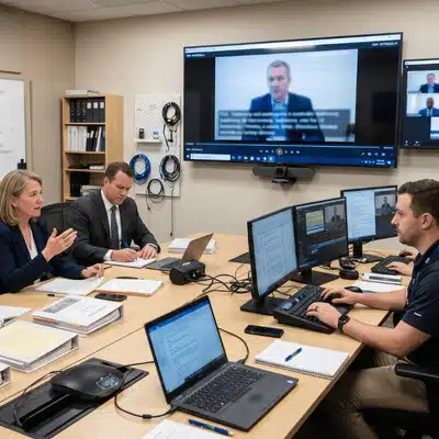 Staff monitor screens during a remote testimony session, relying on law firm video services support