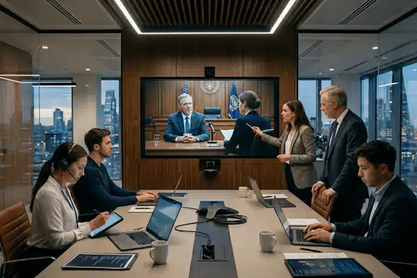 A legal team runs a live video hearing in a conference room using law firm video services
