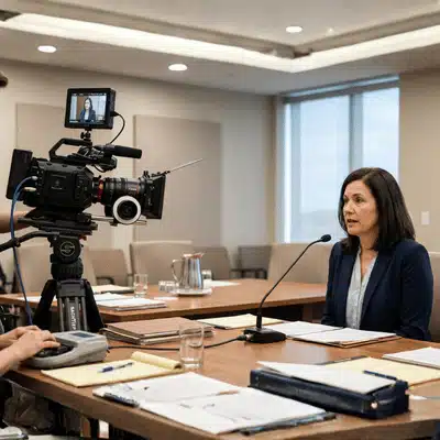 A camera records a witness at a table, showing professional law firm video services setup