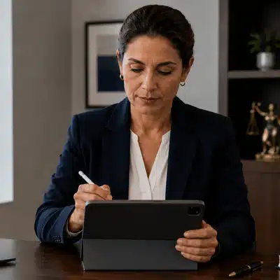 An attorney reviews deposition booking details on a tablet while using a stylus in a modern legal office.