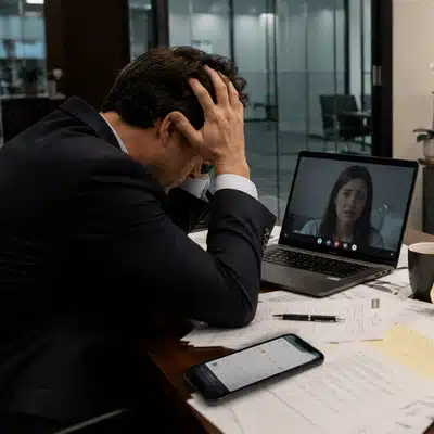 A stressed attorney deals with a difficult remote deposition as documents, a phone, and a video call sit nearby.
