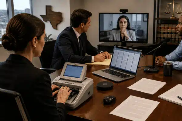 A court reporter records a hybrid deposition while attorneys, a witness, and a remote participant join the legal meeting