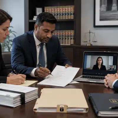Attorneys review legal documents during a hybrid meeting with remote court reporting services shown on a laptop