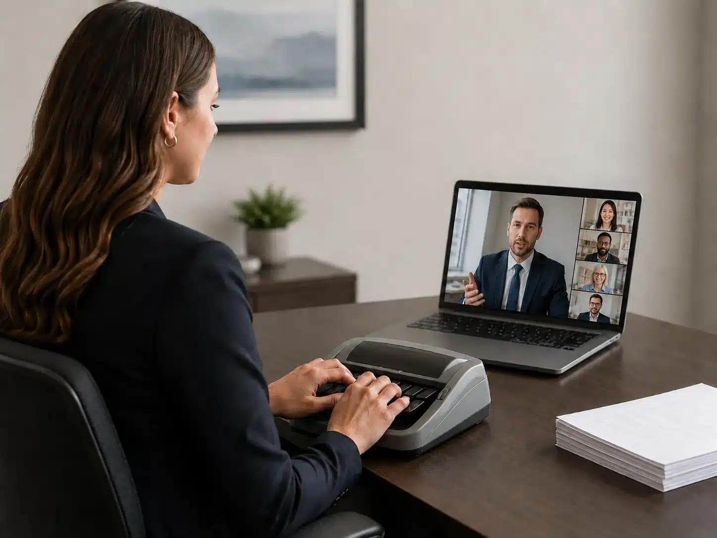 A court reporter uses a stenotype machine while attending a remote legal deposition through a group video call on a laptop.