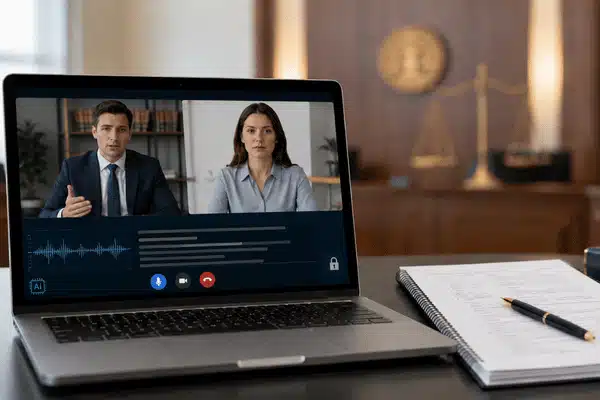 A laptop shows two attorneys in a remote deposition setting supported by court reporting services in a law office