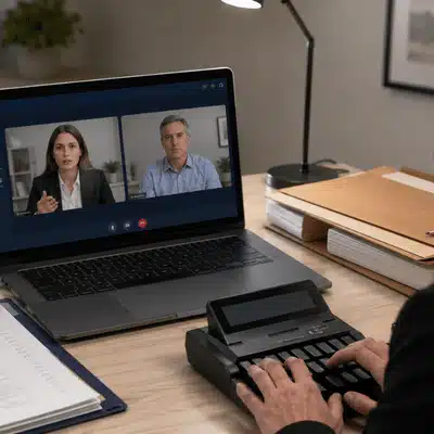 A court reporter types during a virtual deposition on a laptop using court reporting services for legal documentation