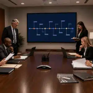 Attorneys review a case timeline on a large screen inside a trial war room while preparing documents and exhibits.