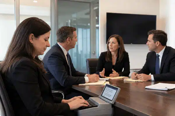 A realistic image shows court reporters in Houston recording a deposition while attorneys review documents around a conference table