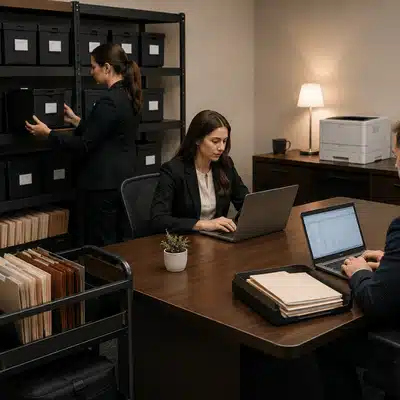 A support team organizes case files, storage boxes, laptops, and printing tasks inside a trial war room.