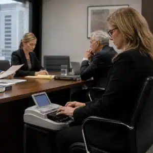 A realistic image shows one of the court reporters in Houston typing on a stenography machine during a professional legal meeting