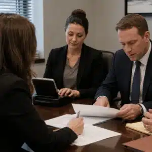 A realistic image shows court reporters in Houston supporting attorneys as they review case documents during a law office discussion