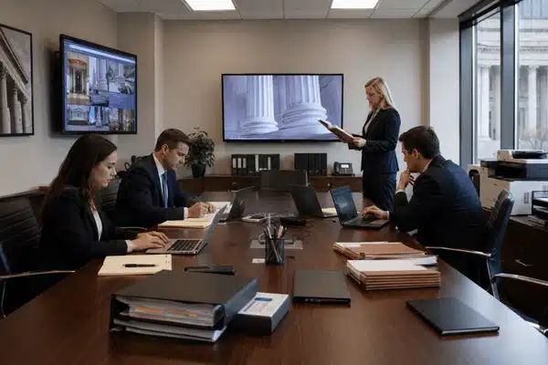 A legal team works inside a trial war room with laptops, binders, large screens, and courthouse views during case preparation.