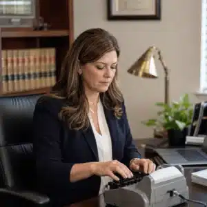 A court reporting in Texas professional types on a stenotype machine in a legal office while preparing an accurate transcript