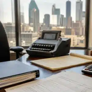 A stenotype machine, legal files, and transcript documents sit on a Dallas office desk for court reporting in Texas services