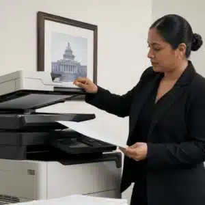 A legal support professional operates a multifunction copier while handling paperwork for legal document services in an office