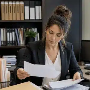 A legal professional reviews paperwork and case documents at her desk as part of legal support services in a professional office