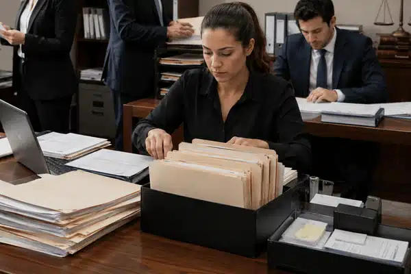 A legal support professional organizes case files and documents while attorneys work nearby, illustrating legal support services in a busy law office