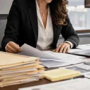 A legal support professional reviews documents and organized case files at a desk as part of work related to process serving in Texas.