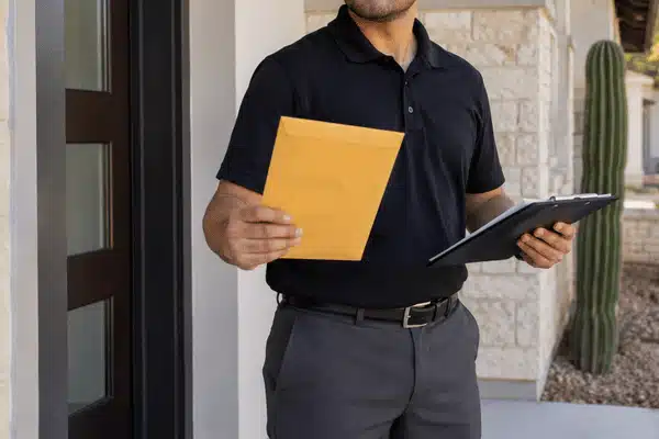 A professional process server holding a document envelope and clipboard stands outside a home, representing process serving in Texas.