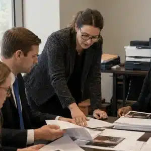 Attorneys review printed exhibits and case documents together while using legal copy services in marshall tx to prepare materials for trial