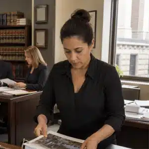 A legal support professional organizes printed exhibits and case materials for patent litigation support in Marshall TX