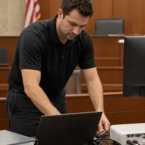 A trial technician sets up a laptop, projector, and courtroom equipment, demonstrating legal support services for trial preparation and presentations