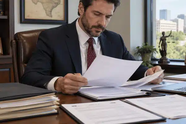 An attorney reviews legal paperwork and organized case files while preparing to subpoena medical records for a litigation matter
