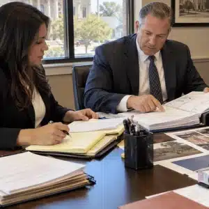 Two attorneys examine binders, notes, and printed exhibits while preparing trial logistics in Marshall TX