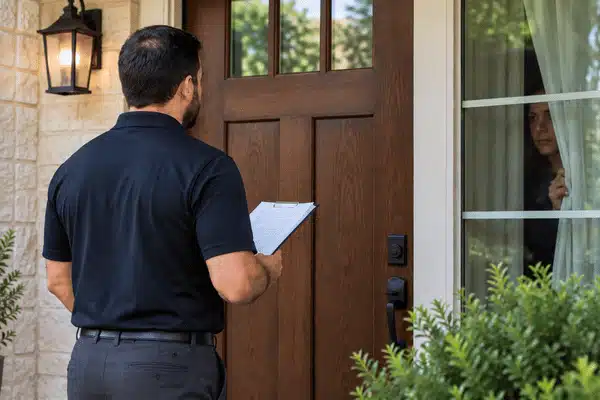 A process server waits outside a home while a woman watches from inside, showing what happens if you avoid being served