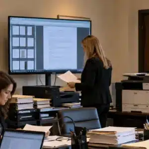This trial war room in marshall tx shows a woman organizing printed documents beside a large digital display and office printers