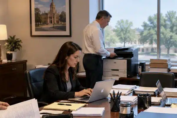 This trial war room in marshall tx shows a woman working on a laptop while a man prepares documents at a printer