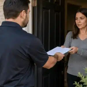 A process server hands legal documents directly to a woman at her front door, illustrating what happens if you avoid being served and service is eventually completed
