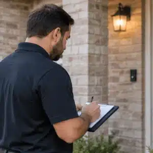 A process server records details on a clipboard outside a residence, documenting an attempt related to what happens if you avoid being served