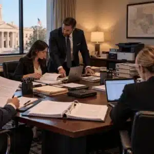This trial war room in marshall tx shows a legal team reviewing case documents and laptops around a conference table
