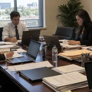 Legal professionals work with laptops, case files, and organized documents in a meeting room while managing trial logistics in Marshall TX