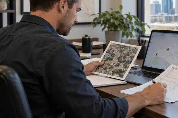 A private investigator uses skip tracing services to locate a defendant by comparing an aerial photograph of a residential neighborhood with digital maps and documents at his desk