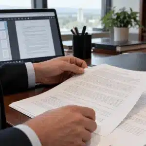 An attorney reviews printed legal documents at an office desk beside a laptop displaying a PDF, using bates numbering to organize and identify records during discovery.
