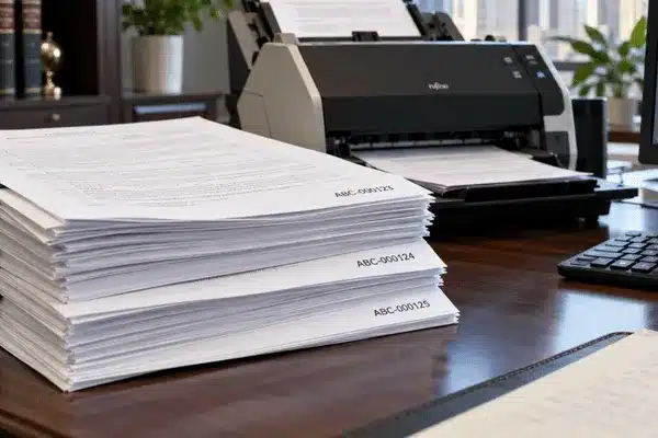 A stack of legal documents with visible bates numbering sits on a wooden office desk beside a high-speed document scanner used for preparing legal discovery records